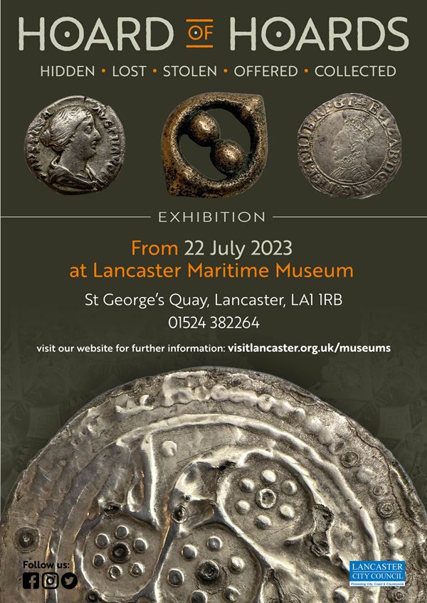 Hoard of Hoards exhibtion poster, depicting several silver coins and a small metal brooch.